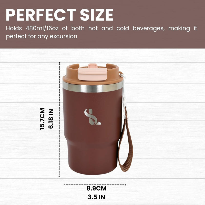 SimplyLivin. Premium Tumbler with Lid and Straw | 480ml (16oz) | Hot and Cold Drinks | Leak Proof | Travel Mug | Coffee Cup | Double Wall Stainless Steel | Unique Packaging for Gifts | Classic Beige