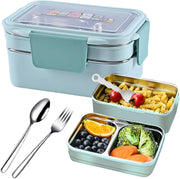 Stainless Steel Lunch Box: 1100ml 2-Layer Insulated Bento Lunch Box for Adults and kids - 304 Lunch Containers Insulated Leakproof with Tableware & Bag - Microwave & Dishwasher Safe (Khaki) - Candy blue