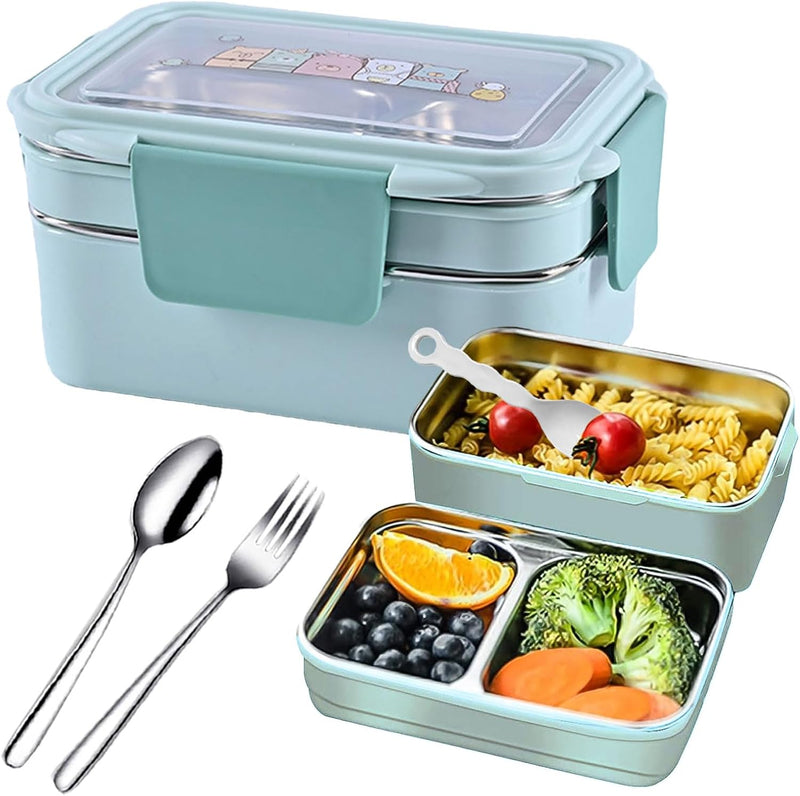 Stainless Steel Lunch Box: 1100ml 2-Layer Insulated Bento Lunch Box for Adults and kids - 304 Lunch Containers Insulated Leakproof with Tableware & Bag - Microwave & Dishwasher Safe (Khaki) - Candy blue
