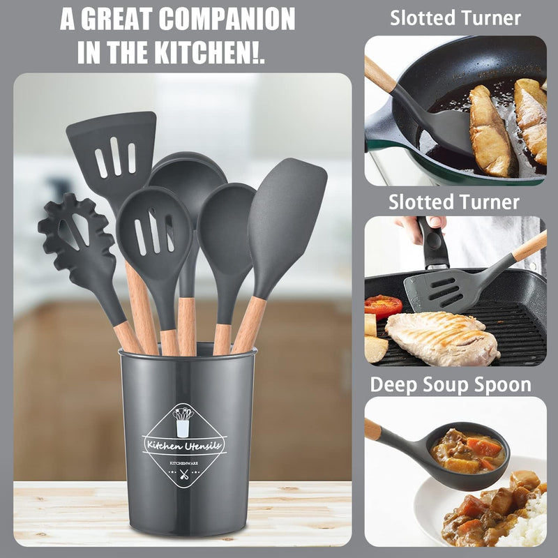 AWH ICVKRJ 12 Pcs Silicone Cooking Utensils Kitchen Utensil Set - 446F Heat Resistant,Turner Tongs, Spatula, Spoon, Brush, Whisk, Wooden Handle Gray Kitchen Gadgets with Holder for Nonstick Cookware