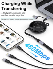 3-in-1 Retractable Multi Charging Cable, 100W Fast Charging USB-C/A to/USB-C/Micro USB Charger Cord for iPhone 15, for MacBook, and for iPad