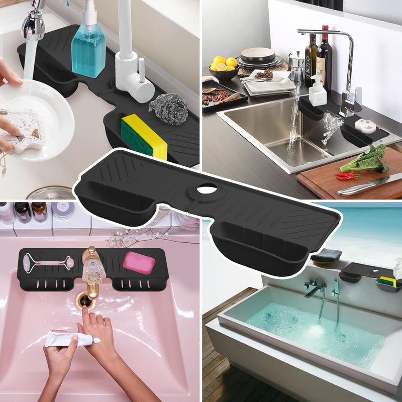 KASTWAVE Silicone Faucet Splash Guard Mat, Silicone Sink Mat Tray Drying Mat, Upgraded Faucet Water Catcher Tray, Dish Sponge Holder, Home Kitchen Sink Accessory Gadgets Organizer (Dark Grey)