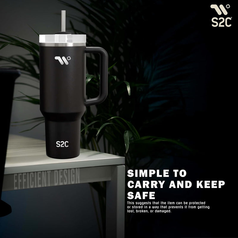 S2C 40oz Stainless Steel Tumbler with Handle & Straw – Double Wall Vacuum Insulated Mug – Leakproof, BPA-Free, Keeps Drinks Hot & Cold – Ideal for Office, Gym, Travel – Fits Car Cup Holder–(Blue)