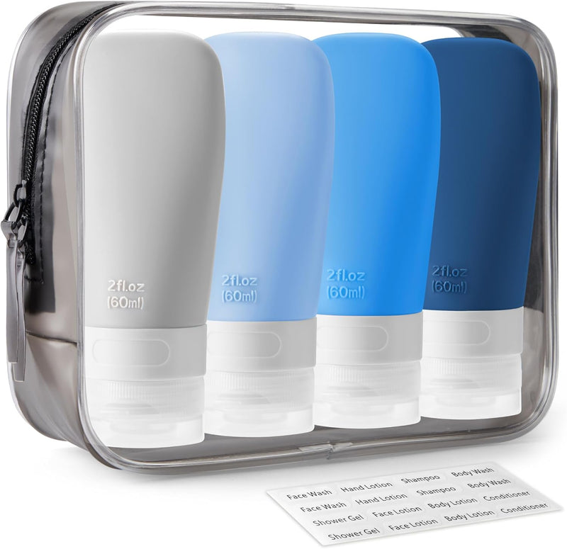 INSFIT Portable Travel Bottles, INSFIT TSA Carry On Approved Toiletries Containers, 60ml Leak Proof Squeezable Silicone Tubes, Refillable Travel Accessories for Shampoo Body Wash Liquids 4 PacK
