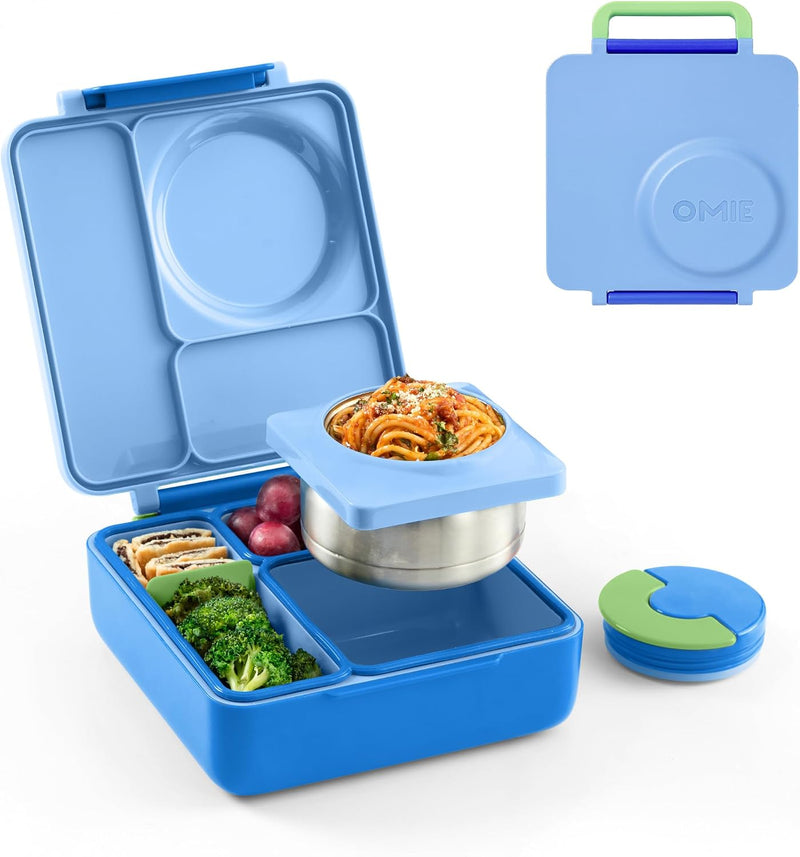 OmieBox Bento Box for Kids - Insulated Bento Lunch Box with Leak Proof Vacuum Insulated Food Jar - 3 Compartments, Two Temperature Zones (Blue Sky) - Sea Blue OMIEBOX (AGE 3-8 Years old)