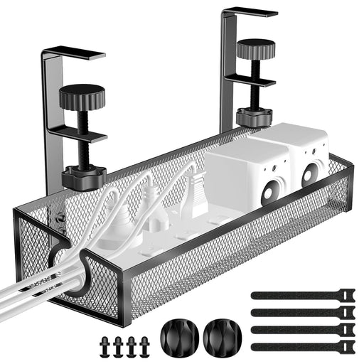 Under Desk Cable Management Tray Black, No Drill Organizer With Clamp for Wire Management, PC Cord Accessories & Workspace Organizers for Office, Home