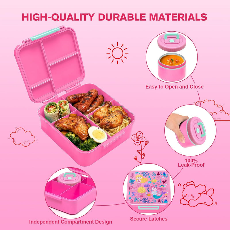 Bento Lunch Box, LunchBox 4 Compartments, Leak-Proof Lunch Container, PFAS&BPA-Free Microwave Safe, BLYPHOO Bento Box with Soup Bowl(Pink)