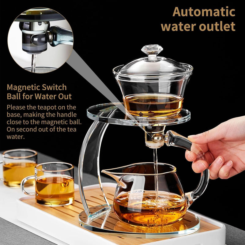 Unbreakable Glass Teapot Set, 340ml Semi-Automatic Rotating Kungfu Tea Pot with Infuser, Borosilicate Glass Drip Teapot for Home, Tea House, Restaurant, Chinese Tea Ceremony
