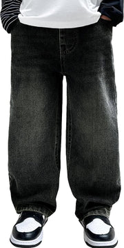 Boys Baggy Jeans Casual Straight Leg Stretchable Denim Wide Leg Loose Vintage for School - Schwarz