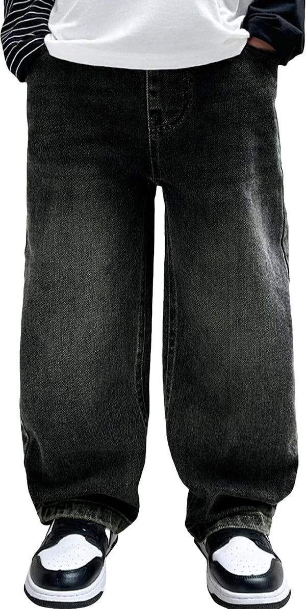 Boys Baggy Jeans Casual Straight Leg Stretchable Denim Wide Leg Loose Vintage for School