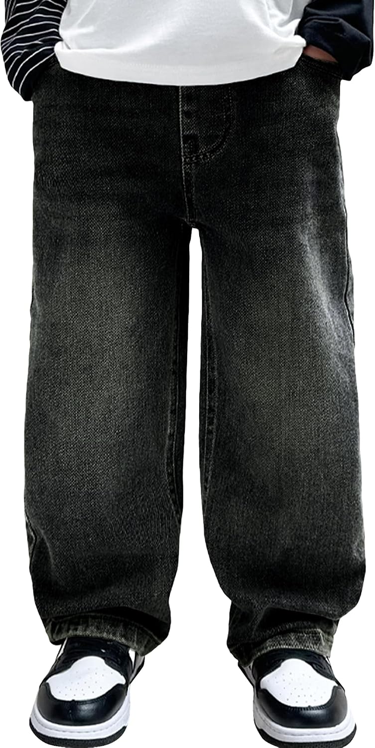 Boys Baggy Jeans Casual Straight Leg Stretchable Denim Wide Leg Loose Vintage for School - Schwarz