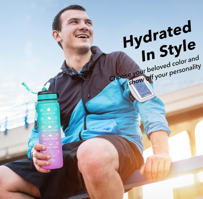 Motivational Water Bottle 1L with Straw BPA-Free, Leakproof Sports Bottle with Time Marker for Kids and Adults, Drink bottle for Gym, Travel, School, Office Use, Daily Hydration