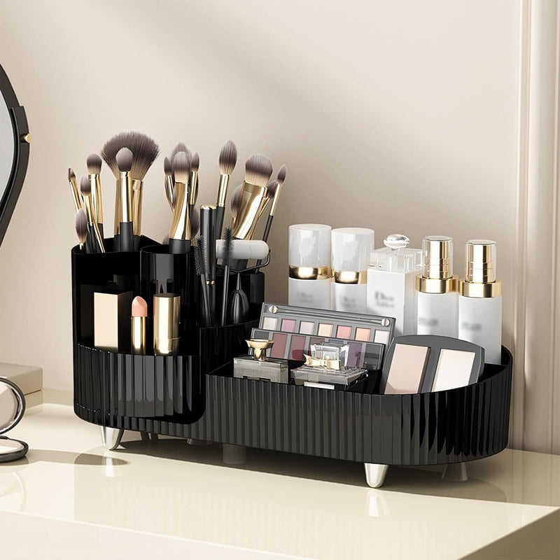 Makeup Organizer, New Perfume Organizer,Upgraded 2-in-1 360 Rotating Makeup Brush Holder,Vecolla Large Adjustable Cosmetic Storage for Vanity,Makeup Organizer Drawers for Skincare Cosmetic(Black)