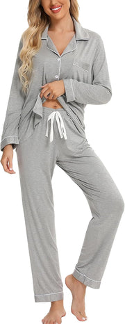Button Up Pajama Set For Women Long Sleeve Shirt And Pajama Pants Soft Pjs Lounge Sets - Gray