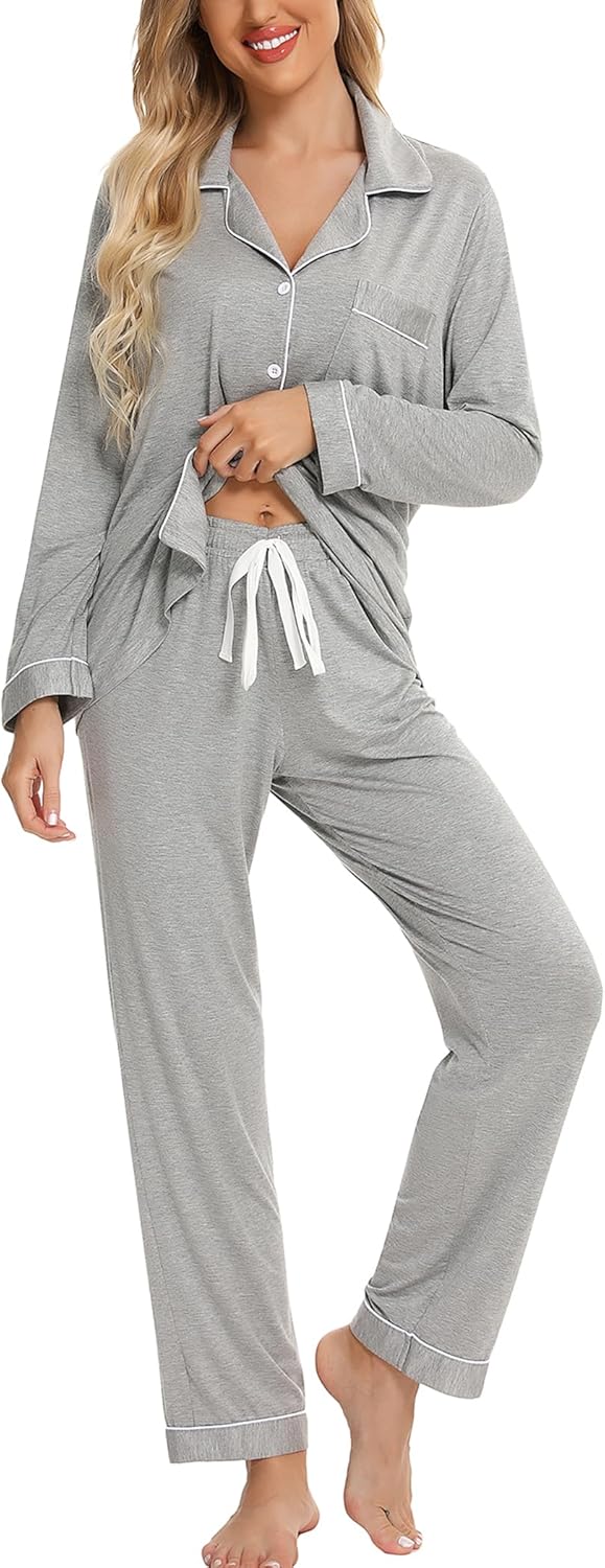 Button Up Pajama Set For Women Long Sleeve Shirt And Pajama Pants Soft Pjs Lounge Sets - Gray