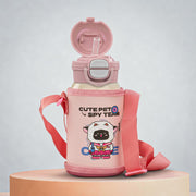 Kids Cartoon Water Bottle 550ml Stainless Steel Vacuum Insulated Sipper with Straw & Lid BPA-Free Eco-Friendly School Flask Back to School Bottle for Boys & Girls (Green) - Pink