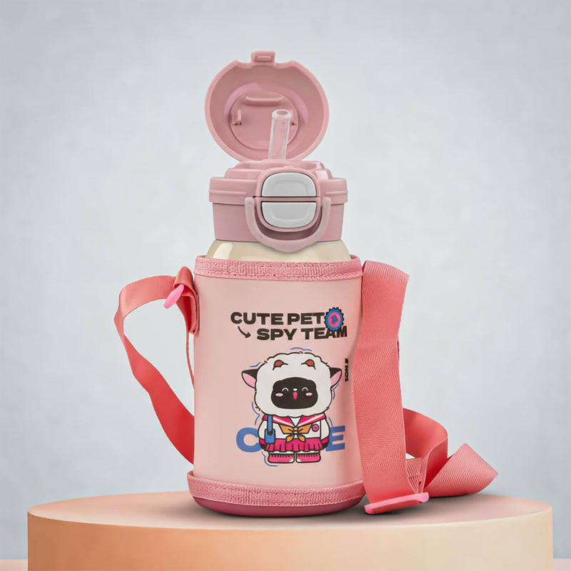 Kids Cartoon Water Bottle 550ml Stainless Steel Vacuum Insulated Sipper with Straw & Lid BPA-Free Eco-Friendly School Flask Back to School Bottle for Boys & Girls (Green) - Pink