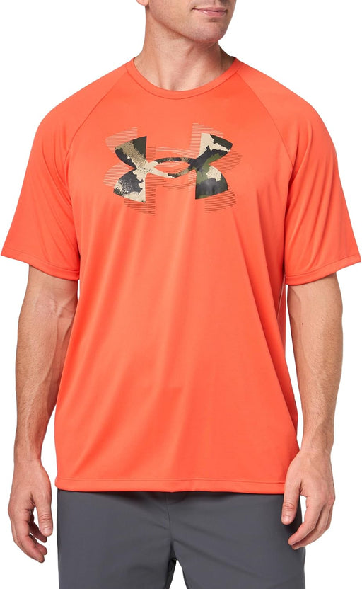Mens Men's UA Tech Print Fill T-shirt UA M TECH PRINT FILL SS (pack of 1) - Fire / / Baroque Green
