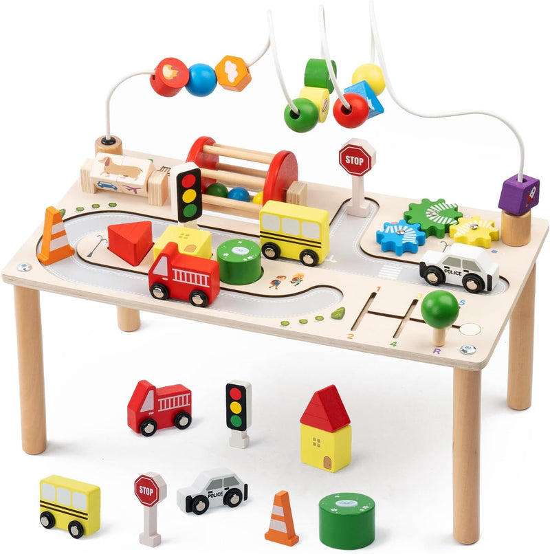 Montessori 7-in-1 Wooden Activity Table, Motor Skills Toy with Shape Sorter, Wooden Toy from 3 Years, Baby Play Table, Birthday Gifts for Boys and Girls from 36 Months