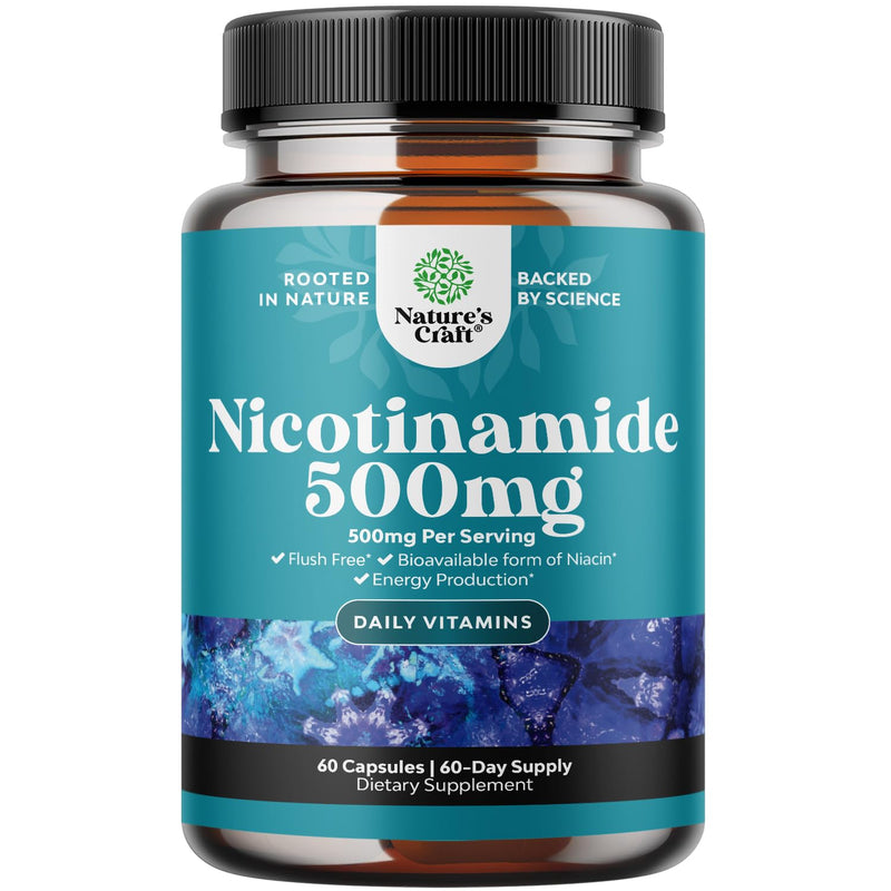 Vitamin B3 Nicotinamide 500mg Capsules - Mitochondrial Energy and Anti Aging Skin Supplement - AKA Vitamin B3 Niacin 500mg Flush Free and Niacinamide 500mg - Flush Free Niacin Supplement - 60 Count