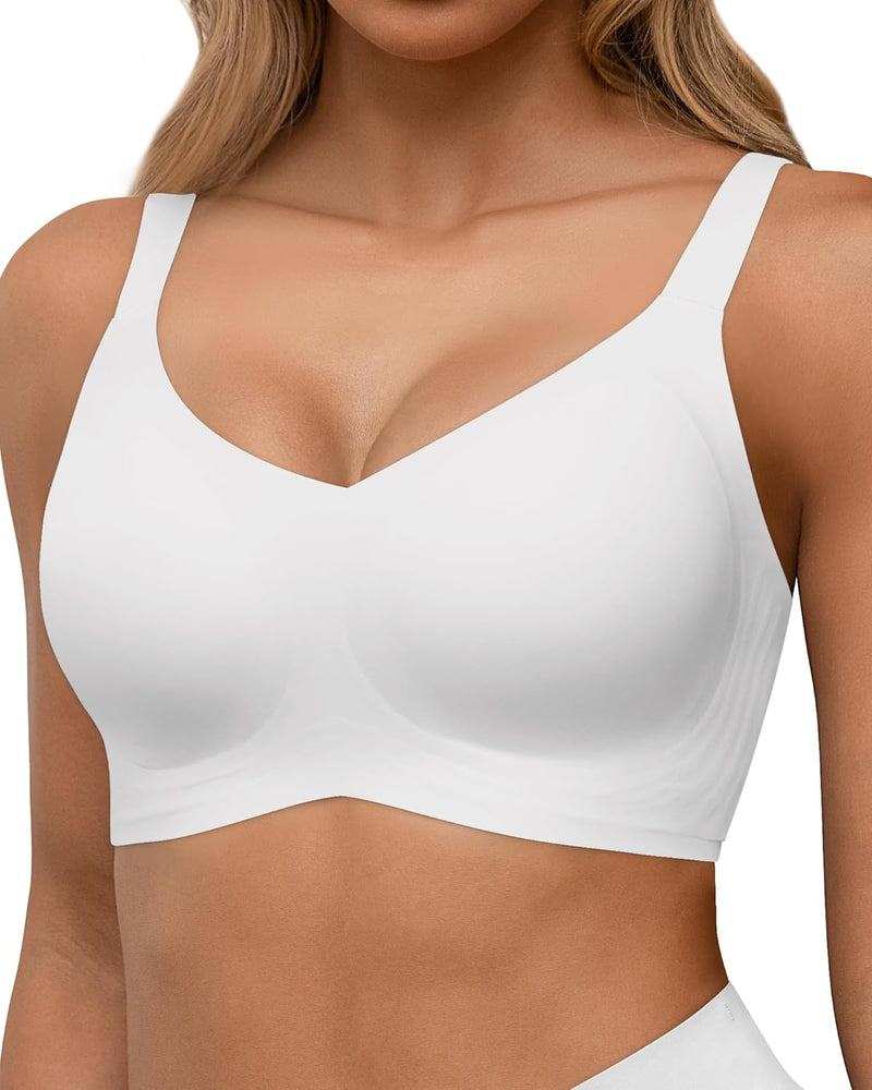 Womens Seamless Bras, Wireless Full Coverage Push Up Bras, Comfortable Support Bralette with V Neck - White