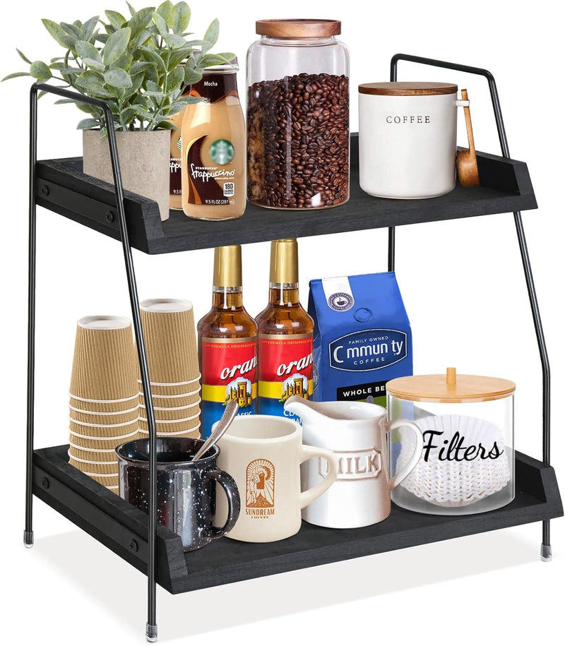 Coffee Bar Accessories and Organizer Countertop, Coffee Station Organizer Kitchen Counter Shelf Organizer,Coffee Condiment Storage,Cup Lid Holder Countertop Shelf for Bathroom (Black) - Black