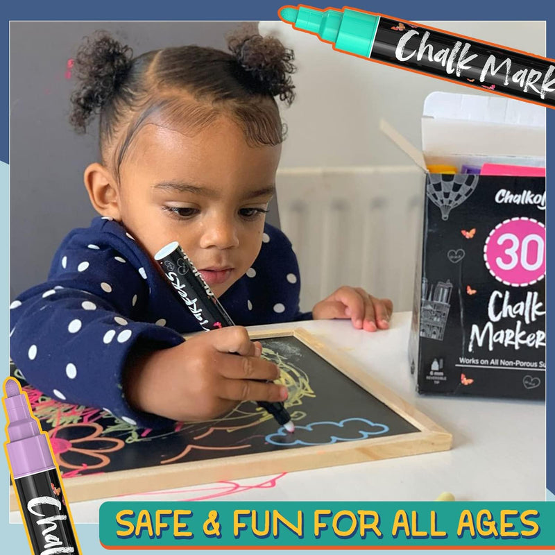 Extra Fine Tip Liquid Chalk Markers (30 Pack 1mm) Pastel + Neon Chalk Pens - Erasable Dry Erase Marker for Chalkboard, Blackboards, Window, Bistro