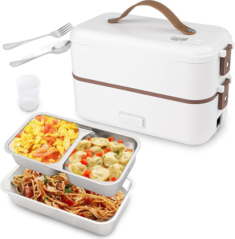Beauenty Electric Lunch-Bento Box Container -304 Stainless Steel with Removable Compartments Heater For Adult Kids Lunch Warmer in Office/Home/Travel Rice Cooker 220v with Spoon (2 Layers, WHITE) - 2 Layers, WHITE