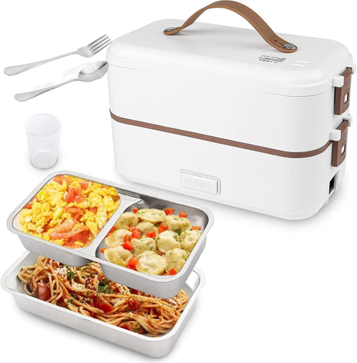 Beauenty Electric Lunch-Bento Box Container -304 Stainless Steel with Removable Compartments Heater For Adult Kids Lunch Warmer in Office/Home/Travel Rice Cooker 220v with Spoon (2 Layers, WHITE) - 2 Layers, WHITE