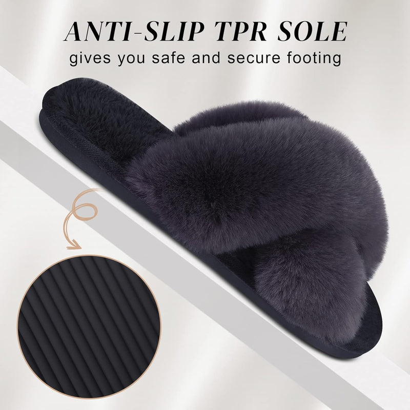 Women's Cross Band Slippers Soft Plush Furry Cozy Open Toe House Shoes Indoor Outdoor Faux Rabbit Fur Warm Comfy Slip On Breathable