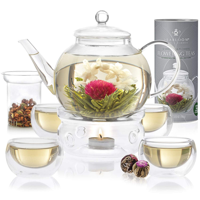 Teabloom Complete Tea Set - Stovetop Safe Glass Teapot with 12 Flowering Teas, Tea Warmer, 4 Double Wall Teacups & Removable Glass Infuser for Loose Leaf Tea - Celebration Flowering Tea Gift Set