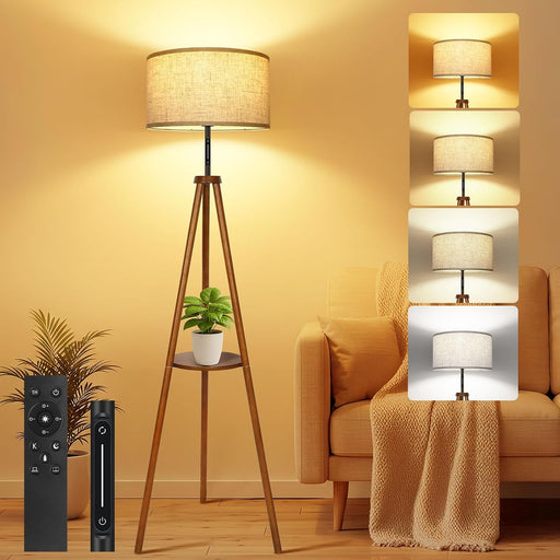 Wooden Tripod Floor Lamp with Shelf, 4 Colour temperatures Mid Century Dimmable Floor Lamp with Remote & Foot Switch, 1H Timer Modern Tall Standing Lamp for Living Room Bedroom Office, Walnut - Walnut With Touch