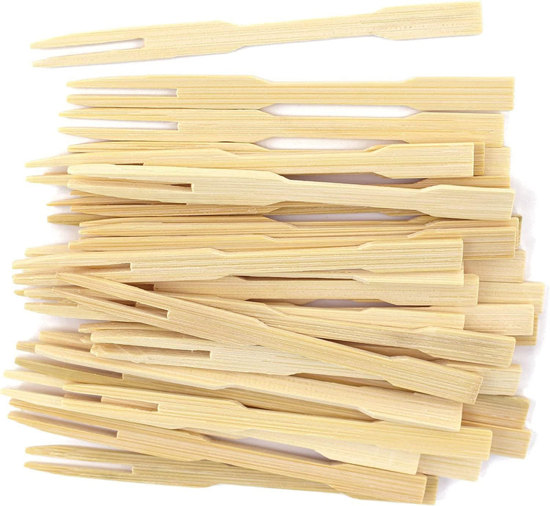 Bamboo Forks 9cm,(50pcs) Mini Food Picks for Party, Banquet, Buffet, Catering, and Daily Life. Two Prongs - Blunt End Toothpicks for Appetizer