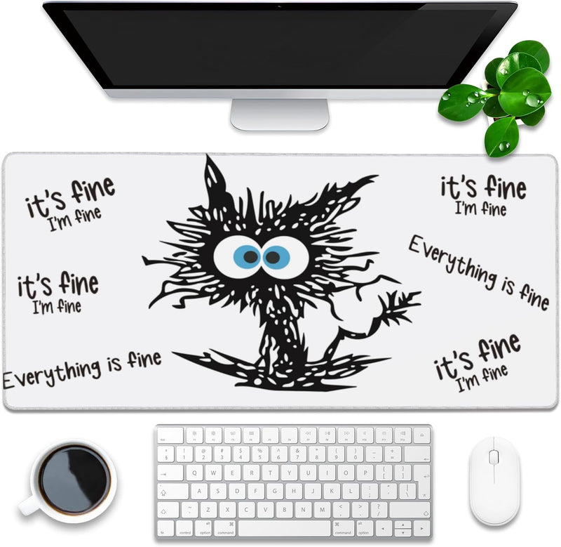 Desk Pad, Green Honeycomb Science Technology Extended Gaming Mouse Pad Large, 35.4"x15.7" Big Mouse Pad with Non-Slip Base and Stitched Edge, Long Computer Keyboard Mouse Mat for Home Office Work - 35.4"x15.7" I'M Fine Black Cat