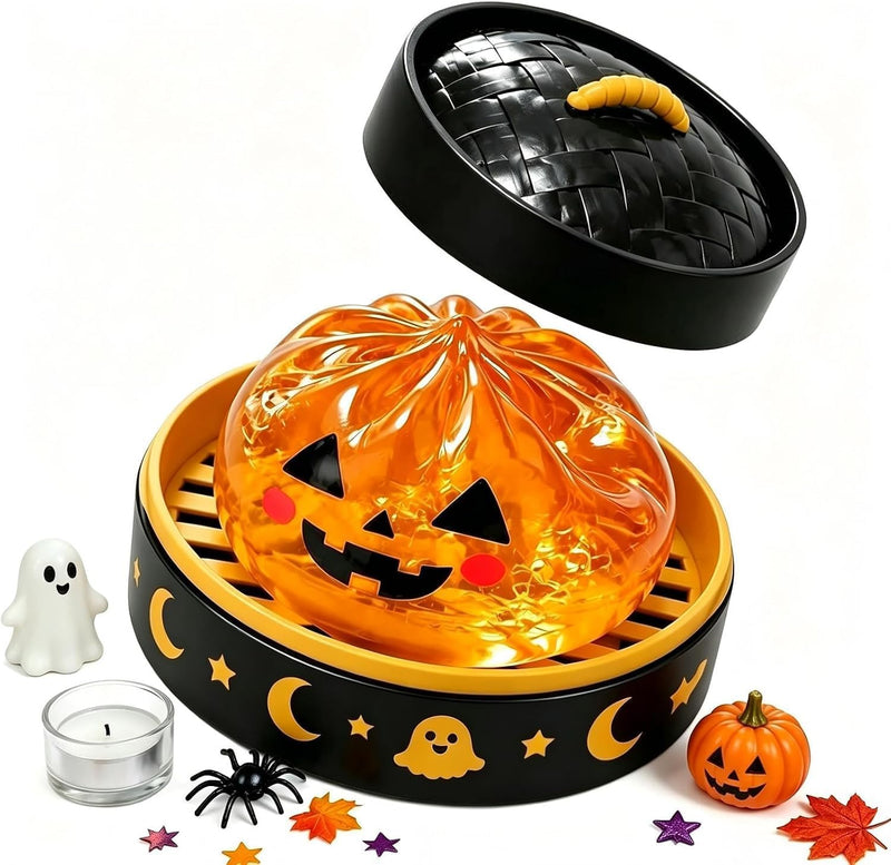 Halloween Spooky Glitter Dumpling Squishies Toys, Dumplings Stress Balls for Adults Fidget Toy with Steamer, Cute Halloween Decor Ghost Bao Bun Squishes for Anxiety Relief, Orange - Orange