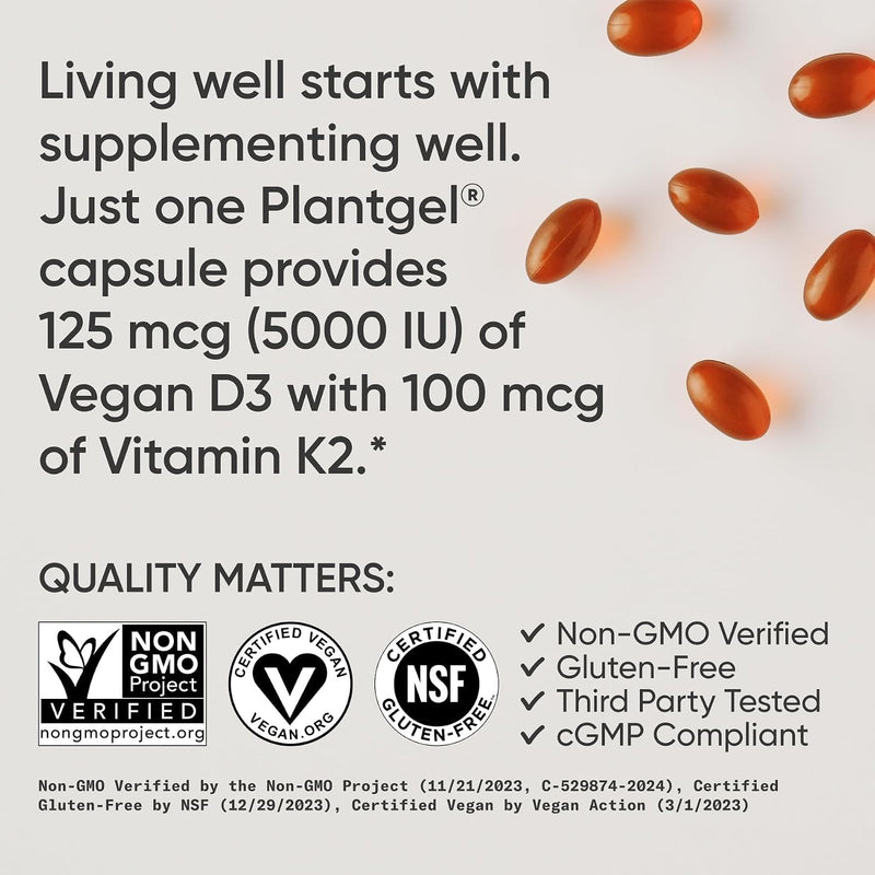 Vitamin D3 + K2 w/Coconut Oil - Vegan Vitamin D 5000iu & Mk7 Vitamin K 100mcg for Bone & Immune Support - Vegan Certified Non-GMO Soy Free - 120 Softgels