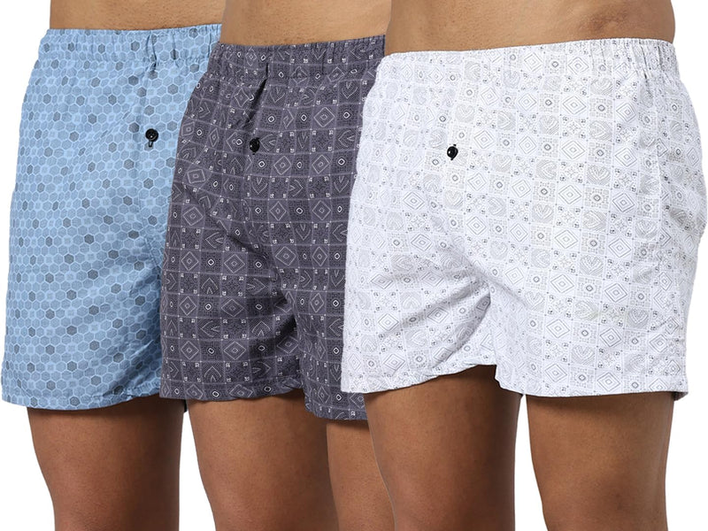 Men's Cotton Boxers, Printed Under Pant with Side Pocket, Go for once size up for better comfort - Pack of 3
