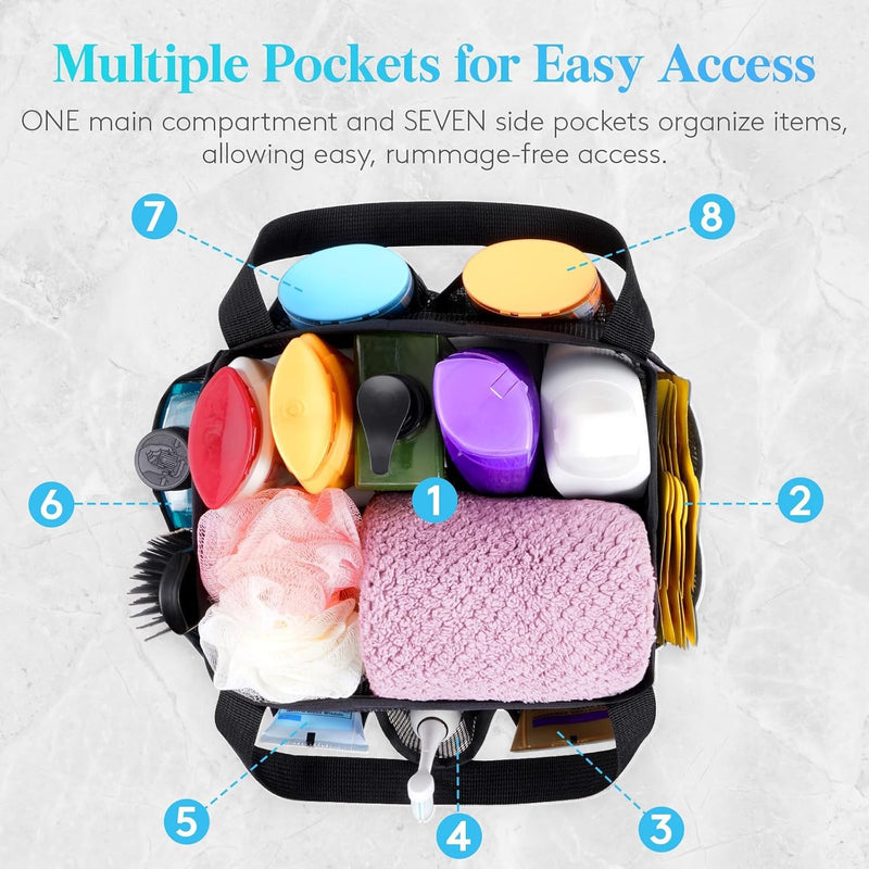 Mesh Shower Caddy with 7 Pockets and Handle, Portable Hanging Organizer Basket for College Dorm Room Essentials, Quick Dry Tote Bag for Camping, Bathroom, Beach, Travel, Black