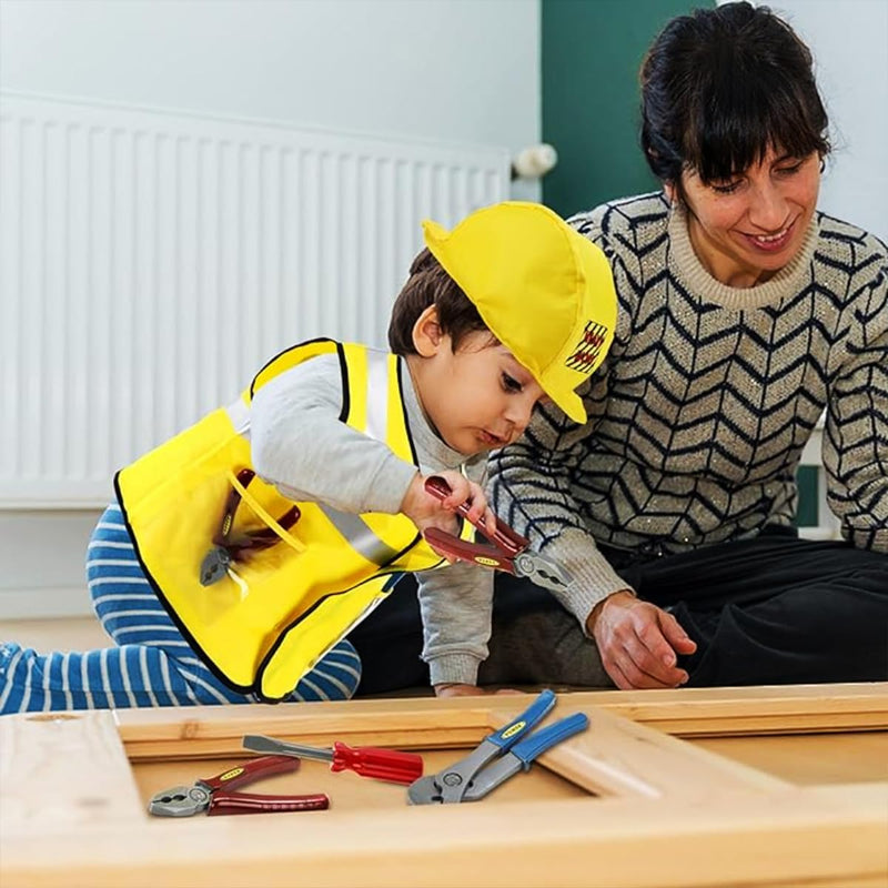 AMERTEER Construction Worker Costume for Kids Builder Dress-Up Set with Tool Belt, Hard Hat, Safety Vest & Toy Tools Pretend Play Outfit & Halloween Costume for Boys & Girls Ages 3-6