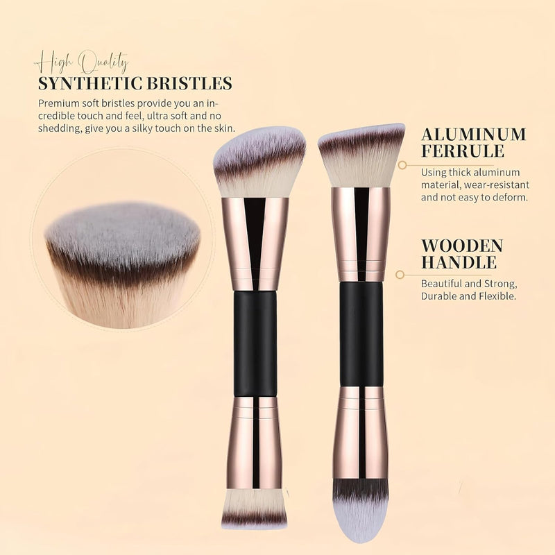 WuqWik 2Pcs Foundation Makeup Brush, Flat Angled Rounded Taperd Flawless Foundation Concealer Brush, Double Ended Makeup Brushes for Liquid Cream Powder Blending Buffing Concealer