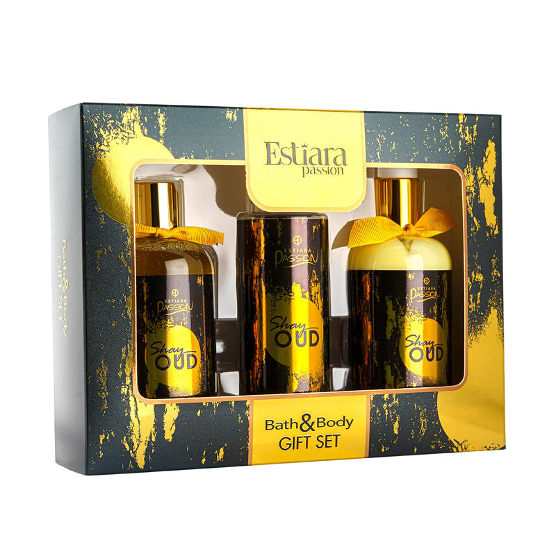 Estiara Passion Shay Oud Bath & Body Beauty Skincare 3 Piece Gift Set Red - Shay Oud Body Lotion 350ML - Shay Oud Shower Gel 350ML - Shay Oud Natural French Fragrance Mist 250ML