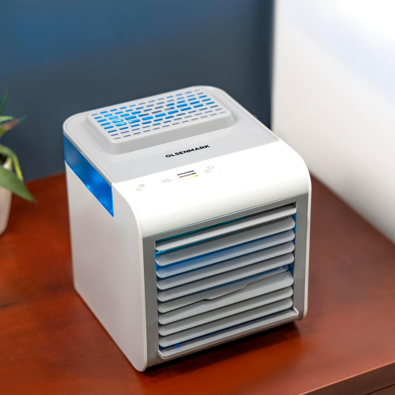 Olsenmark Mini Air Cooler OMF1877 3-in-1 Air Cooler, Humidifier & Purifier USB Rechargeable, 7-Color LED Light, Adjustable Vent, Portable for Home & Office White