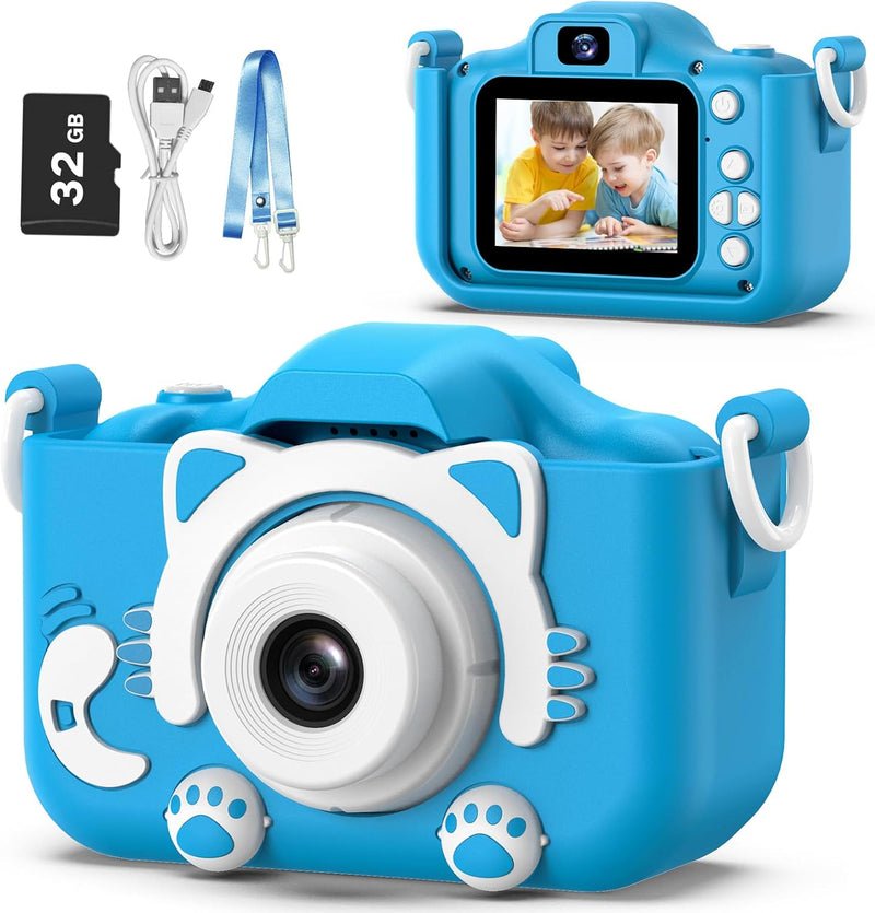 Goopow Kids Camera Toys for 3-8 Year Old Boys,Children Digital Video Camcorder Camera with Cartoon Soft Silicone Cover, Best Chritmas Birthday Festival Gift for Kids - 32G SD Card Included - Blue-Cat