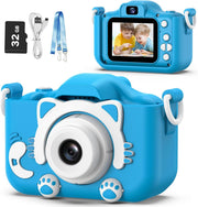 Goopow Kids Camera Toys for 3-8 Year Old Boys,Children Digital Video Camcorder Camera with Cartoon Soft Silicone Cover, Best Birthday Festival Gift for Kids Children - 32G SD Card Included(Light Blue) - Blue-Cat