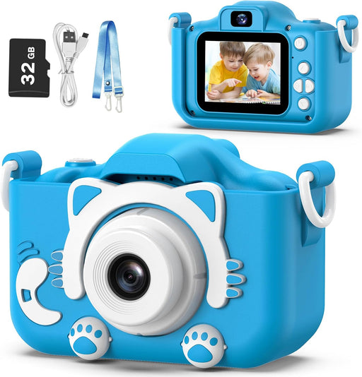 Goopow Kids Camera Toys for 3-8 Year Old Boys,Children Digital Video Camcorder Camera with Cartoon Soft Silicone Cover, Best Chritmas Birthday Festival Gift for Kids - 32G SD Card Included - Blue-Cat