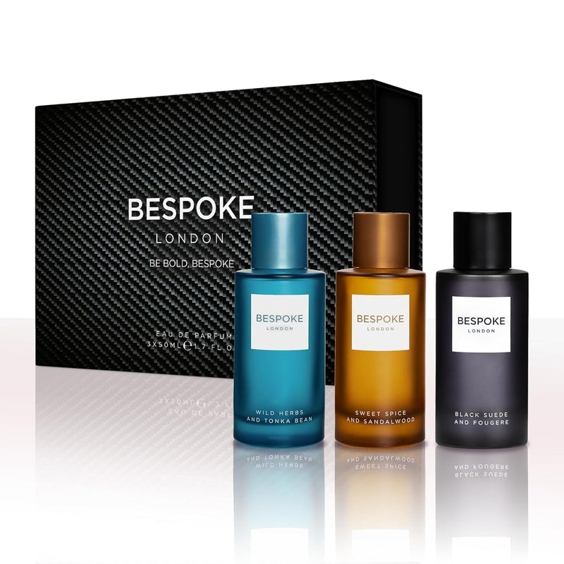 BESPOKE LONDON Premium Mens Perfume Gift Set, Black Suede, Wild Herbs, Sweet Spice, Eau De Parfum with Long Lasting Fragrance - Travel Size Mini Perfume Set, Coffret Gift Set for Men (3 x 50ml)
