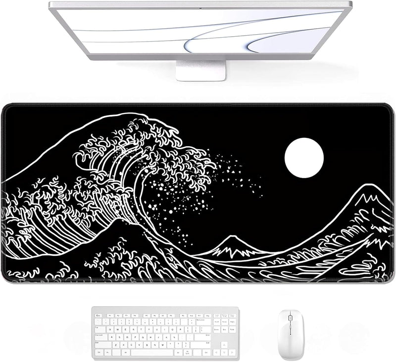 Auhoahsil Desk Pad, XXL Large Mouse Extended Gaming Mousepad, Cute Mat for Women, Big Office Accessories Pad Computer Keyboard and Laptop, 35.5 x 15.7 Inch, Pretty Pink Flowers, Girly Flowers - 34 Black Great Wave 35.5L x 15.7W inches