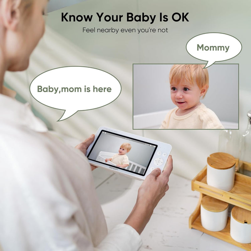 bonoch 7 Inch Baby Monitor with Camera, 720P HD 6000 mAh Battery Video Baby Phone, Night Vision, Double-Sided Audio Function, Remote PTZ, VOX Mode, Temperature Sensor, 8 Lullabies