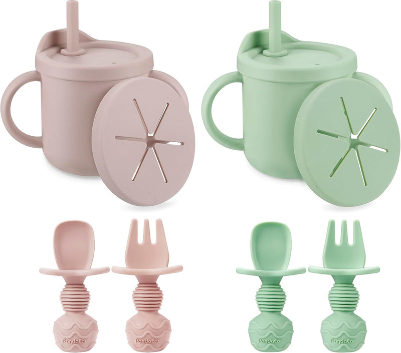 PandaEar 2 Pack Silicone Baby Straw & Snack Cup with 2 Spoons 2 Forks, Dual-Purpose Toddler Training Cups, Pink Green