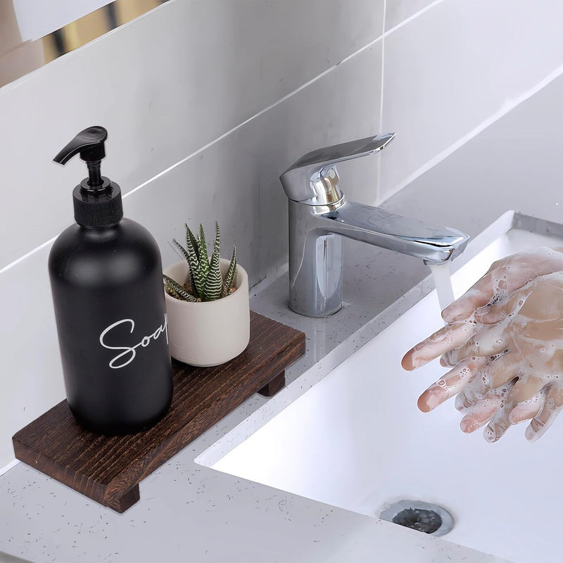 zoocatia Small Wood Tray Pedestal Stand Farmhouse Bathroom Decor Decorative Wooden Riser Kitchen Soap Dish Holder for Vanity, Counter, Sink, Brown